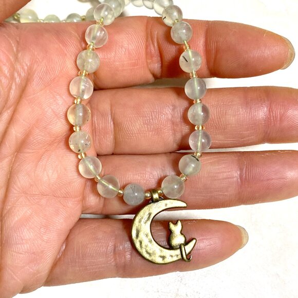 Genuine Gemstone Pale Green Prehnite Bronze Cat on the Moon Beaded Necklace - Picture 11 of 11